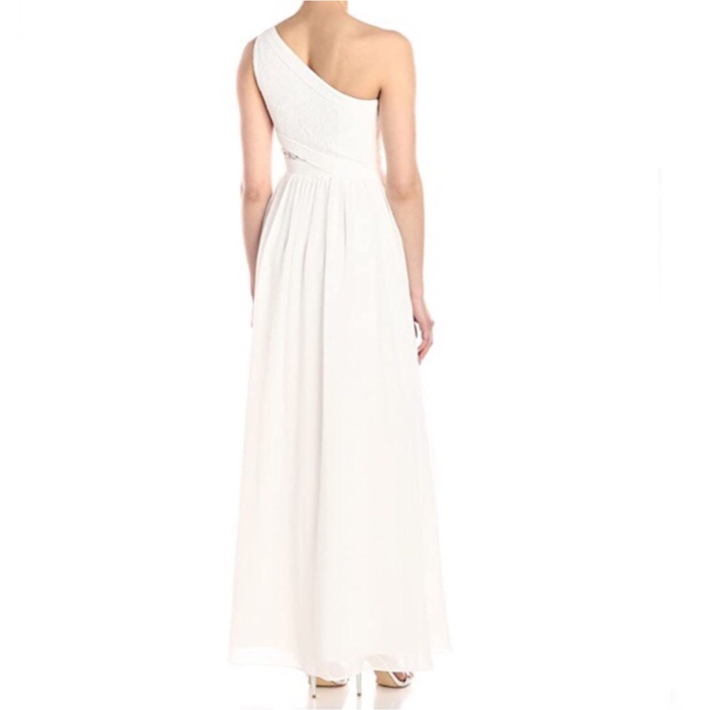 NWT Aidan Mattox Lace Peekaboo One Shoulder Chiffon Ivory Maxi Dress Size 0 - Picture 2 of 14